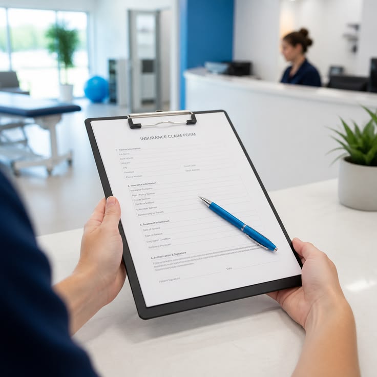 "Patient filling out a direct billing form at Ontario Rehab Centre"