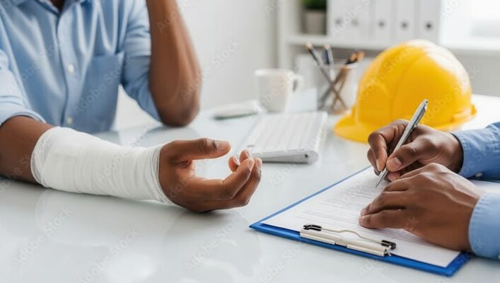 Injured worker completing WSIB claim paperwork in a workplace safety office